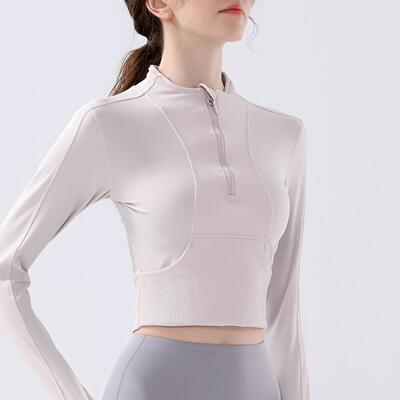 Half zip sports yoga jacket, tight fitting long sleeved