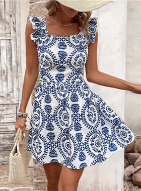 Women's ruffled shoulder strap full printed lace up