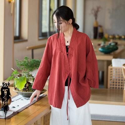 Zen tea robe with stand up collar and tie up Han elements,
