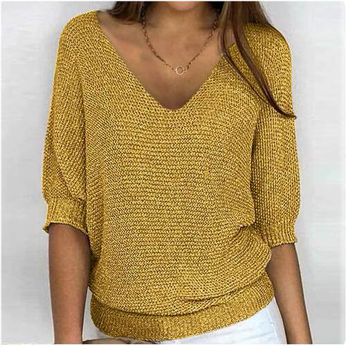 V-neck knitted sweater, women's seven quarter sleeved top,