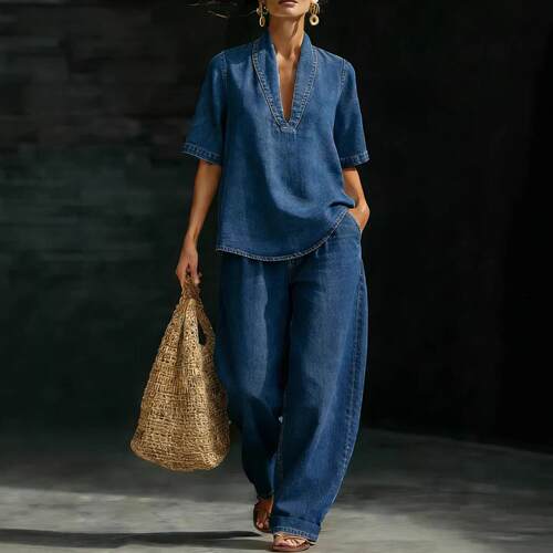 Cowboy V-neck Short sleeved Pants Set