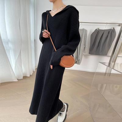 Hooded dress, long hoodie, knee length knitted long skirt,