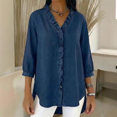 Imitation denim V-neck ruffled shirt top