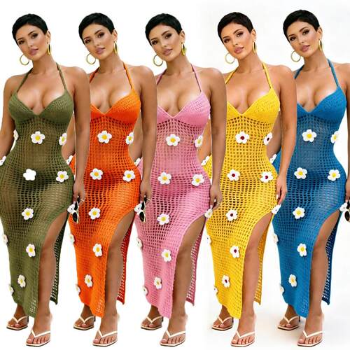 Knitted Hand Hook Strap Hook Flower Split Beach Dress Skirt