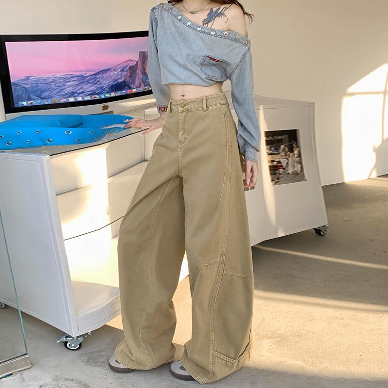 Khaki sickle jeans with women's patchwork feeling, wide
