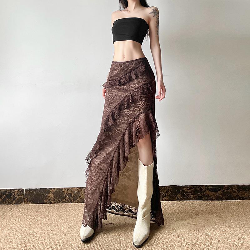 Women's half skirt high waisted lace ruffle edge skirt