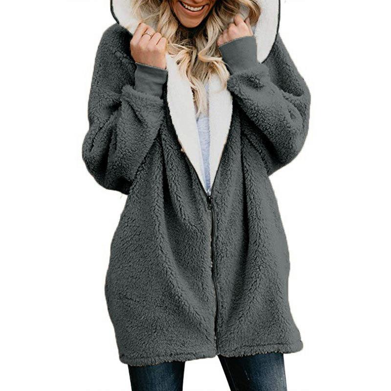 Hooded zipper jacket cardigan, woolen sweatshirt, women's