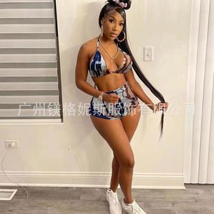 Waist tied women's high waisted bikini printed sports bra