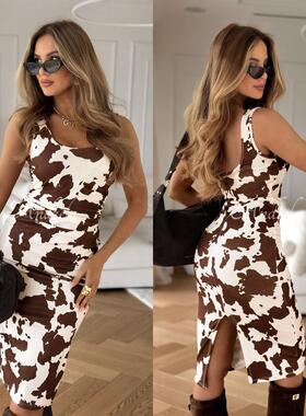 Cow print suspender tight dress for women