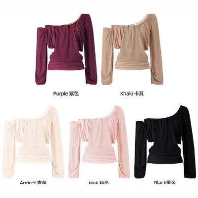 Slanted shoulder long sleeved shirt with mesh splicing top