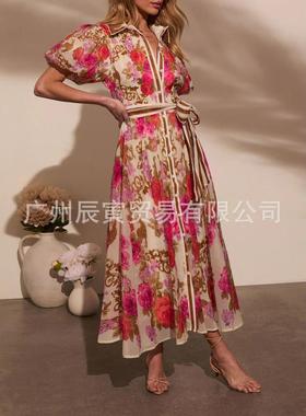 Ladies' Summer Dress · Wind Satin Rose Printed Buckle Long