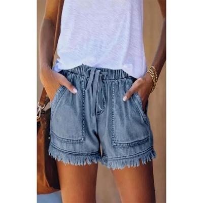 Elastic waist drawstring high waist slimming denim shorts