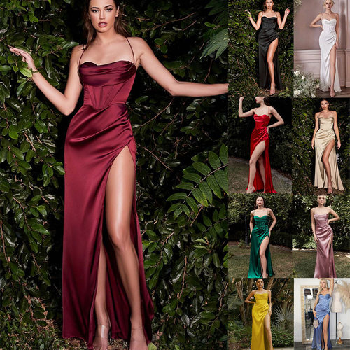 Summer Sexy Hanging High Waist Split Silk Dress Slim Fit Eve