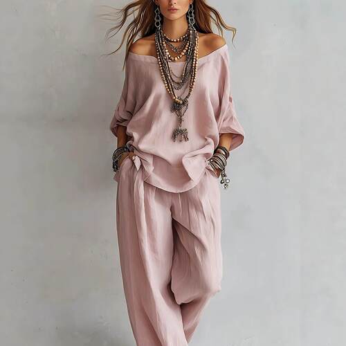 Linen seven quarter sleeved top and wide leg pants set