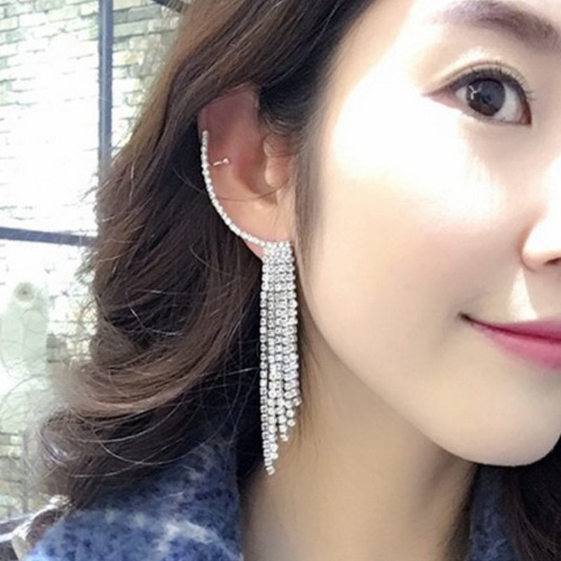 2020欧美个性时尚后挂式水钻流苏长款925银针夸张耳针耳环女