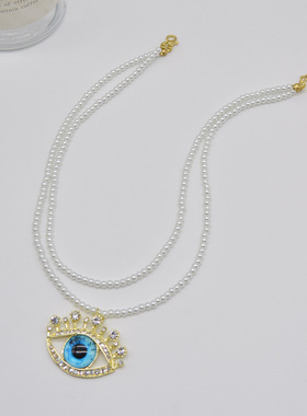 复古潮小众设计感恶魔之眼吊坠锁骨链双层珍珠颈链女镶钻蓝眼项链
