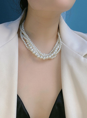 法式设计感多层珍珠叠戴项链复古高级感气质choker春夏锁骨链颈链