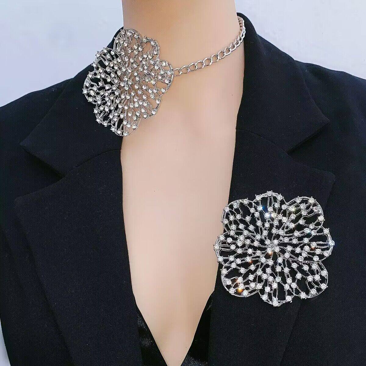 欧美夸张满钻镂空金属花朵吊坠项链高级设计感choker颈链水钻胸针