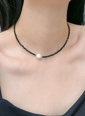 高级感法式复古锁骨链优雅珍珠黑色人造水晶短款项链颈链2022新款