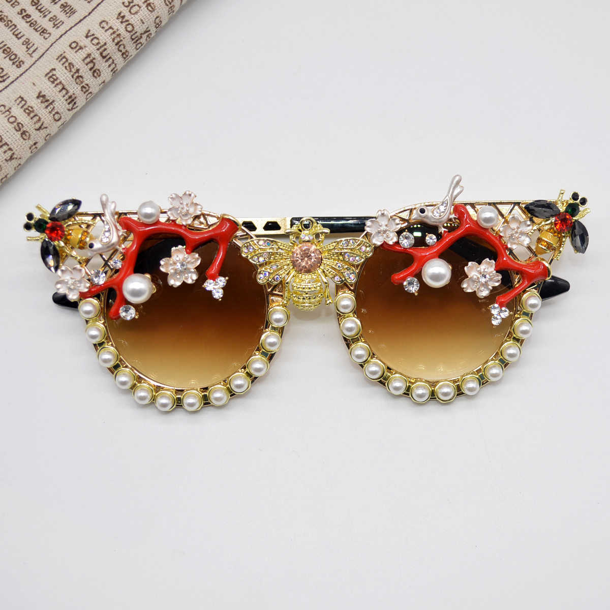 金框茶色大框墨镜女复古镶钻小蜜蜂珍珠太阳镜大脸显瘦防晒眼镜潮