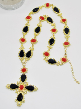 复古设计感黑色红色宝石拼接项链夸张十字架吊坠毛衣链欧美风颈链