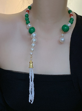 中古风法式仿珍珠开口流苏项链中国风短款汉服绿色串珠项圈锁骨链
