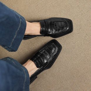 网红一脚蹬乐福鞋女2026春季新款方头通勤小皮鞋软皮深口休闲单鞋