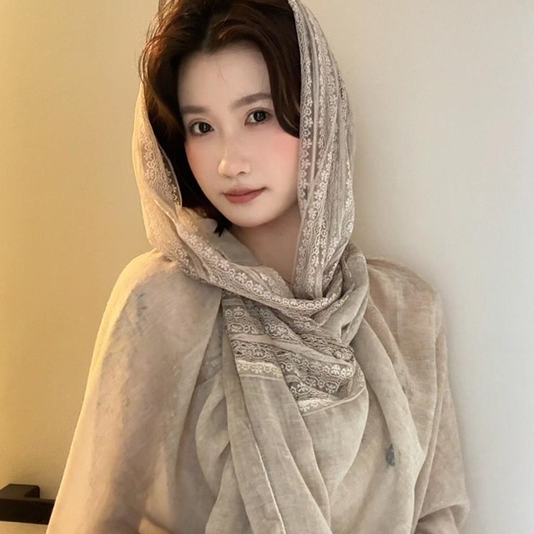 跨境蕾丝拼接亚麻色棉麻薄款围巾时尚女外搭披肩防晒旅游头巾丝巾