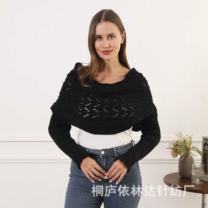 欧美跨境亚马逊双袖加长镂空披肩多用针织麻花毛衣外搭围巾秋冬女
