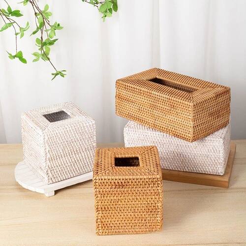 White Washed Rattan Tissue Box Handwoven Bamboo Tissue Holde