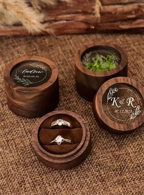 Black Walnut Round Ring Box, Portable and Portable Jewelry S
