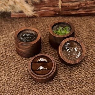 Black Walnut Round Ring Box, Portable and Portable Jewelry S