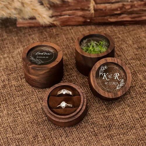 Black Walnut Round Ring Box, Portable and Portable Jewelry S