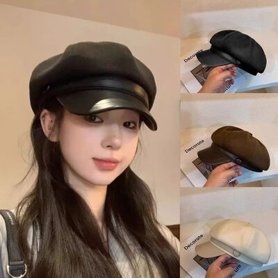 Women's Fashion PU Leather Beret Adjustable Octagonal Hat Bi