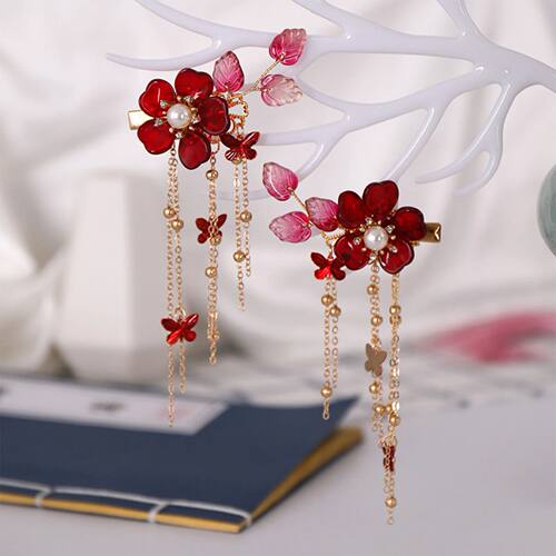 2pcs Safflower Hair Clips Tassel Crystal Flower with Long Ta
