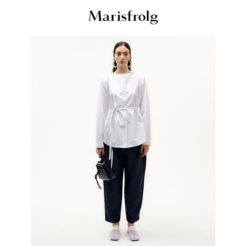 Marisfrolg玛丝菲尔秋季新款白色一字领简约衬衣女