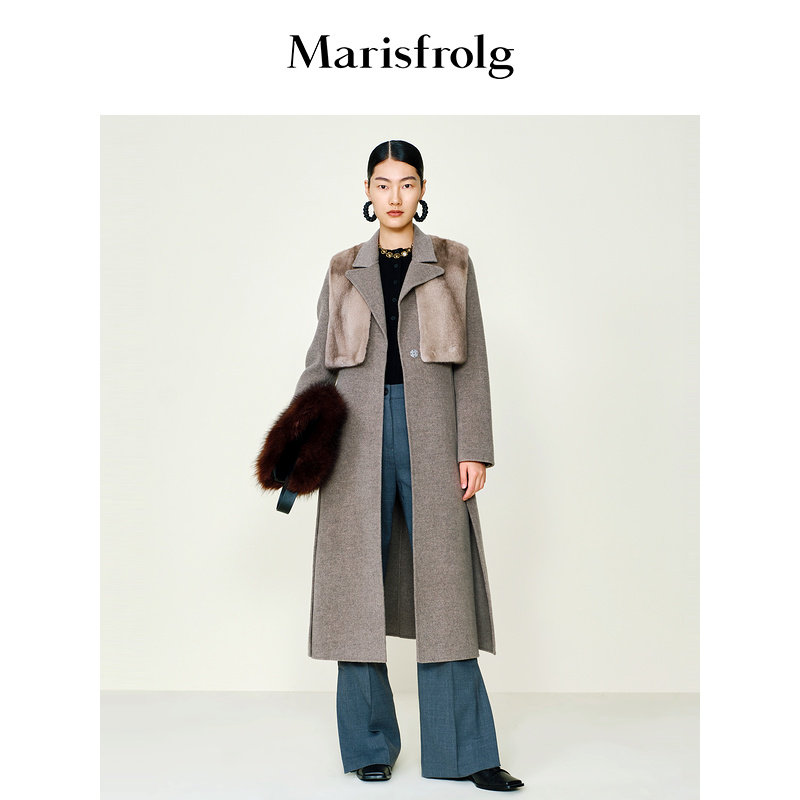 【皮草拼接大衣】玛丝菲尔冬季新款灰色水貂皮草马甲大衣外套
