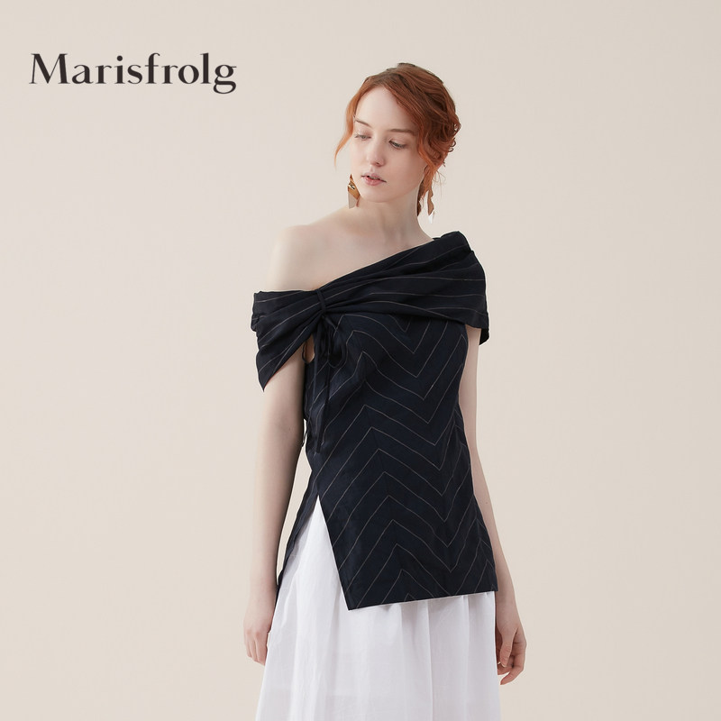Marisfrolg/玛丝菲尔亚麻夏季新款女装一字领条纹T恤上衣