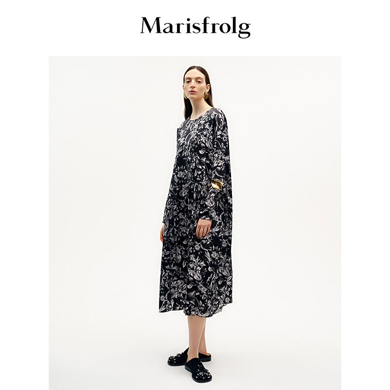 【桑蚕丝100%】Marisfrolg玛丝菲尔秋季宽松真丝印花A字连衣裙女