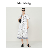 玛丝菲尔夏季 醋酸连衣裙女 植物花卉白色画稿短袖 新款 复古法式
