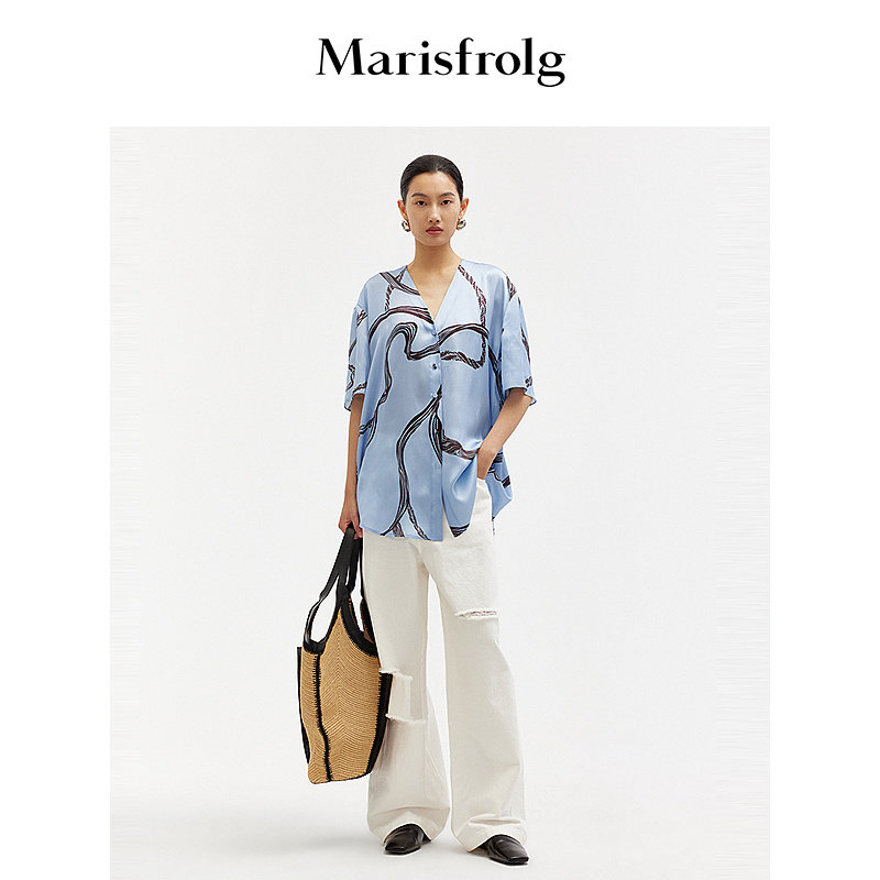 【桑蚕丝100%】Marisfrolg玛丝菲尔夏季新款花色V领衬衫女