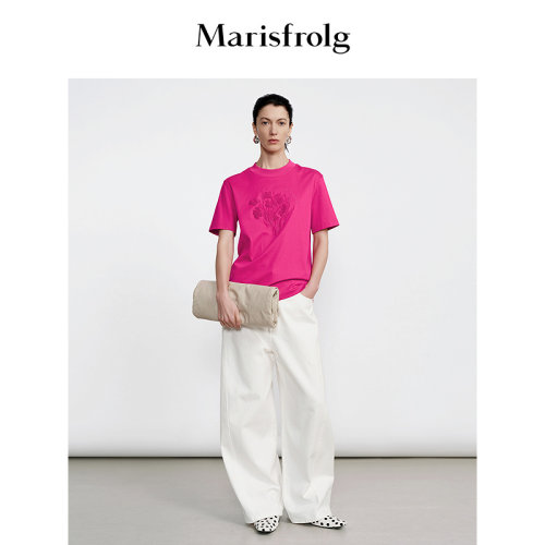 Marisfrolg玛丝菲尔夏季新款时尚修身粉红圆领立体绣花T恤女上衣