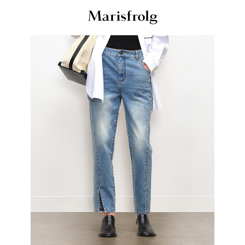 Marisfrolg玛丝菲尔秋季新款休闲复古蓝色小脚开叉纯棉锥形牛仔裤