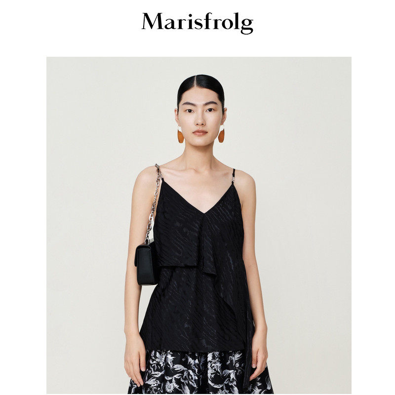 【V领荷叶边】Marisfrolg玛丝菲尔夏季新款黑色吊带礼服上衣女士