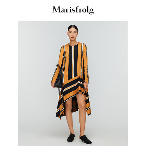Marisfrolg玛丝菲尔春季新款不规则棉麻条纹连衣裙