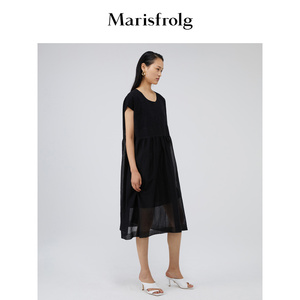 Marisfrolg玛丝菲尔女装夏季新款圆领短袖中长款黑色连衣裙