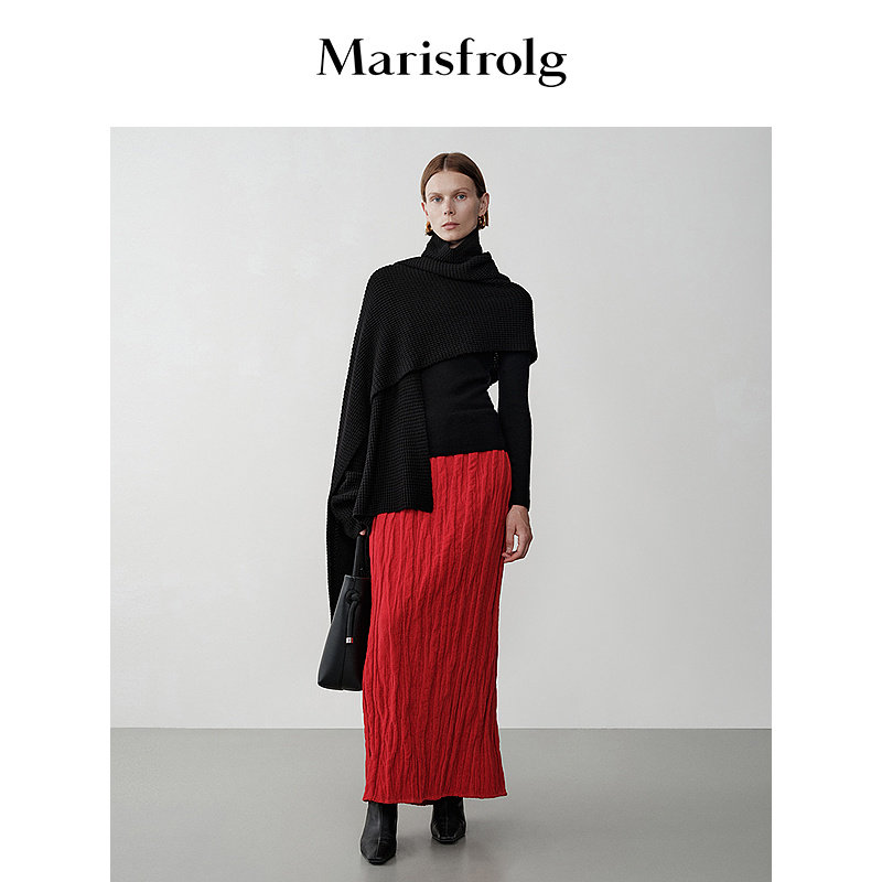 【新年系列】Marisfrolg玛丝菲尔冬季时尚褶皱琉璃红半身A字裙子