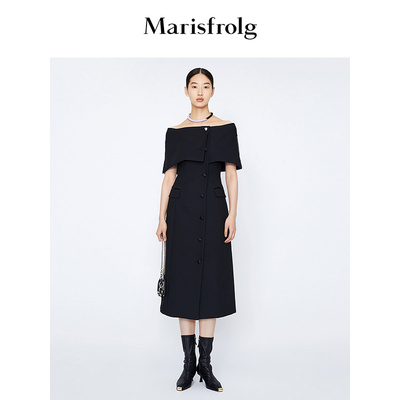 【会员价1690元】玛丝菲尔冬季新款黑色一字领披肩连衣裙女