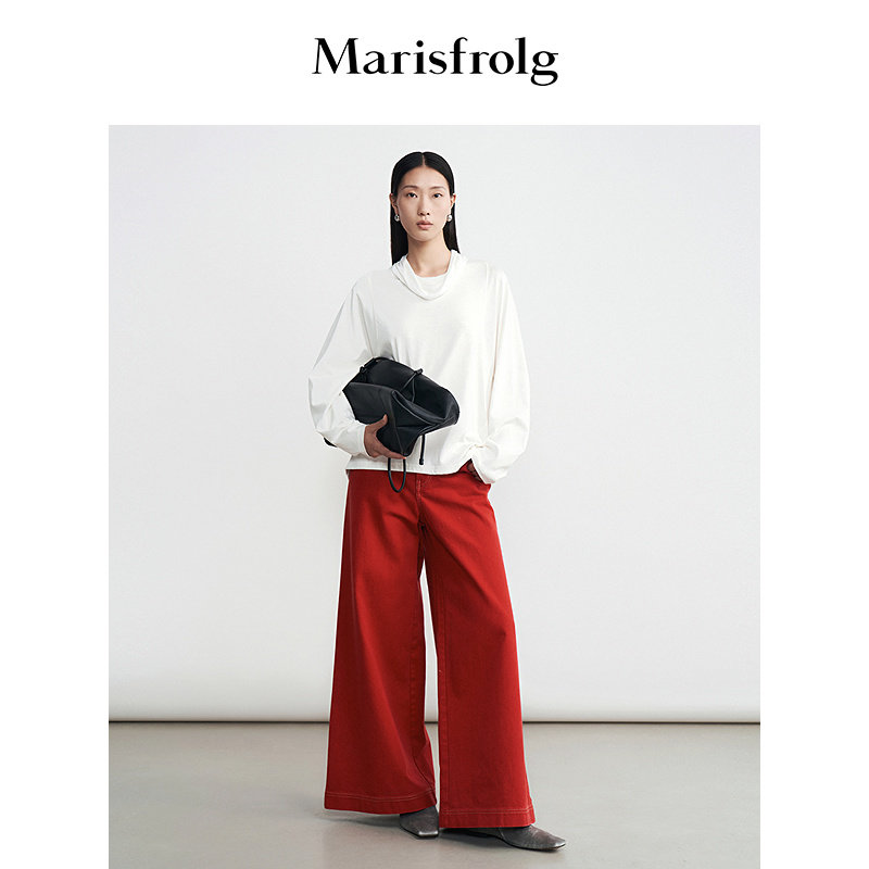 【节日】Marisfrolg玛丝菲尔春季新款红色纯棉斜纹牛仔阔腿裤子女