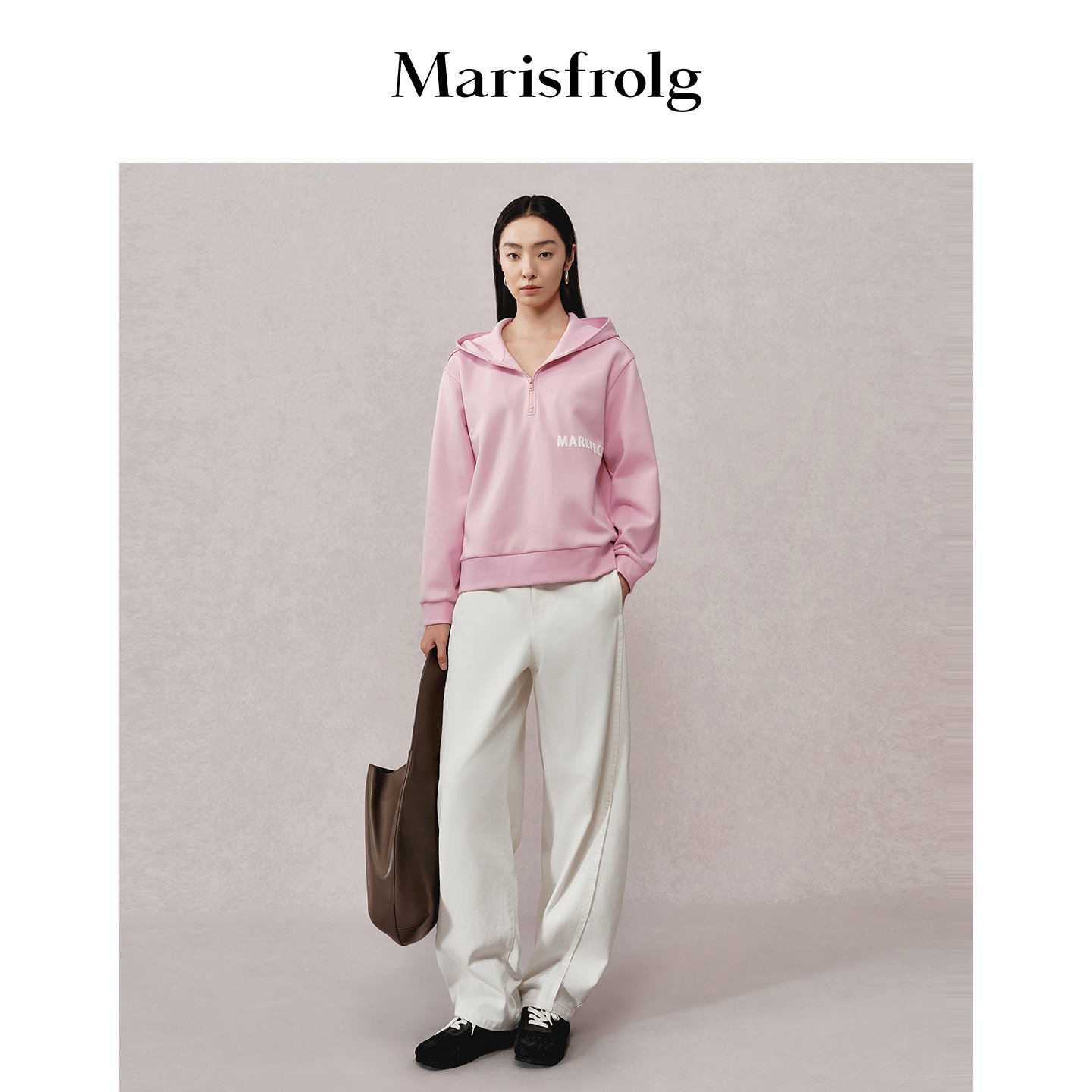 Marisfrolg玛丝菲尔秋季新款休闲时尚连帽粉红套头宽松卫衣上衣女